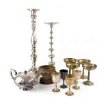 A quantity of mixed metalware to include brass candlesticks, plated trays, teapots,