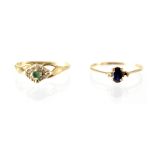 Two vintage 9ct gold small dress rings, one with small emerald and diamonds,