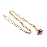 A 9ct long fancy belcher necklace with swivel clasp with cut amethyst-coloured stone set in