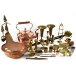 A quantity of metalware, mainly brass and copper, to include a kettle, vases, bowl, candlesticks,