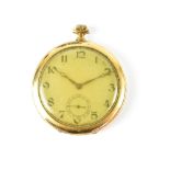 Dimra; a gold plated keyless wind open face pocket watch, 48mm.