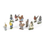 Ten Britains 1930s Cadbury Cococubs hollow cast lead figures, comprising Dumpty Doo Duck,