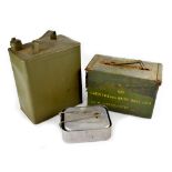 A military ammunition tin for 7.62mm, a green petrol cannister and an aluminium mess tin (3).