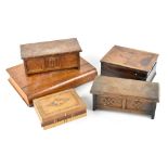 Various wooden boxes to include a child's candle box with a marquetry design depicting a kneeling