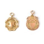 Two hallmarked 9ct gold prize fobs, one with initials and the date 1924,