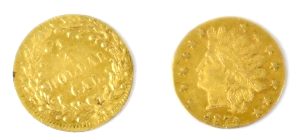 An 1872 Indian head, ¼ dollar token, approx 0.16g.
