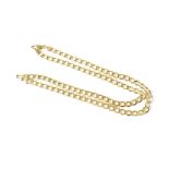 A 9ct yellow gold flat curb necklace with lobster claw and hoop fastener, length approx 56cm,