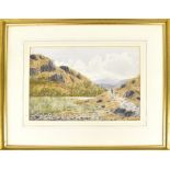 G B SHERIFF (1861-1934); watercolour, young man wandering through Welsh mountains and river scene,