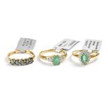 Three 9ct yellow gold ladies' dress rings, one with five matching sized green alexandrite stones,
