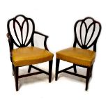 A set of five early 20th century mahogany dining chairs with overstuffed faux mustard leather seats