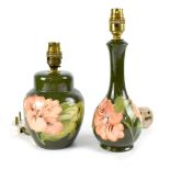Two Moorcroft green ground 'Hibiscus' pattern table lamp bases,