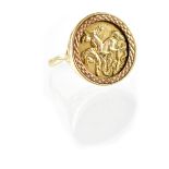 A gentlemen's hallmarked 9ct gold ring with 9ct gold round panel depicting George and the dragon in