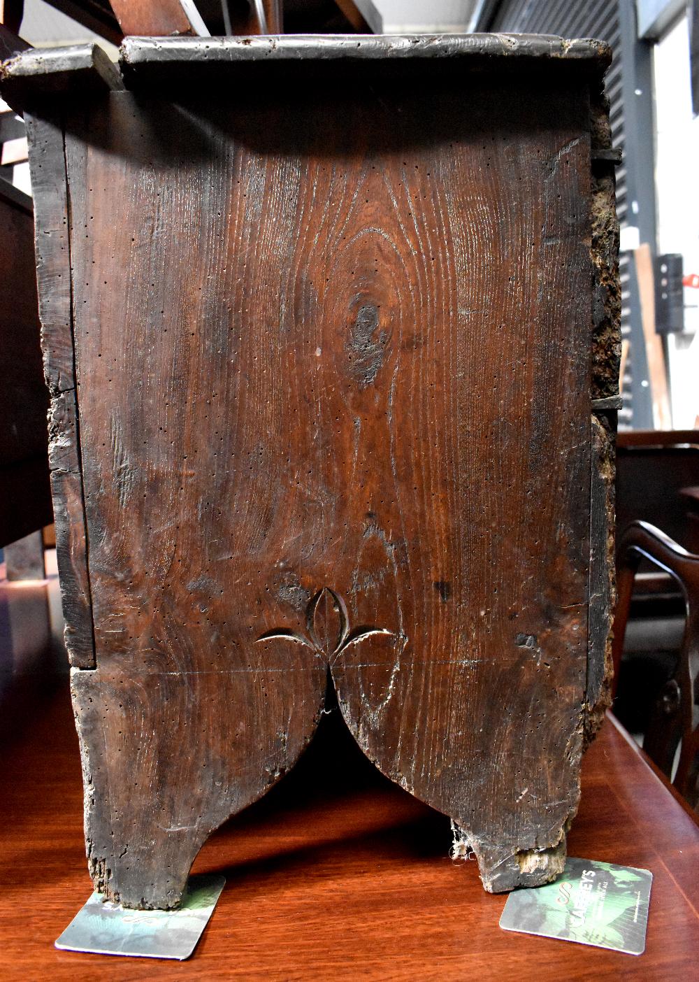 A small slim 18th century oak coffer with two faux front panels with carved arches, - Image 3 of 9