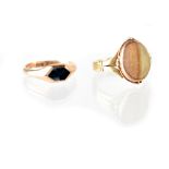 Two vintage 9ct gold fashion rings, each inset with an agate stone, the largest size R,