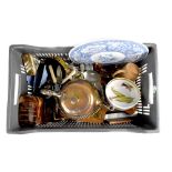 A group of mixed items to include plated flatware, metal teapot, various ornamental boxes,