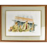 ALAN BRASSINGTON; watercolour, a gentlemen's day out at the races, 39 x 53cm, framed and glazed.