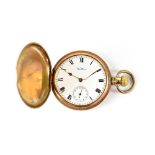 Waltham, USA; a gold plated keyless wind full hunter 'Traveller' pocket watch, 50mm.