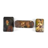 Three 19th century Stobwasser-style black lacquered rectangle snuff boxes,