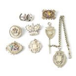 Silver items to include four Queen Victoria Jubilee brooches, two blank watch/prize fobs,