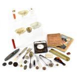 A group of collectibles to include a vintage travel alarm clack in leather case (af),
