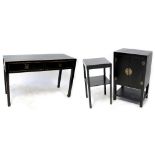 A contemporary Oriental-style black lacquered side table, two frieze drawers with brass handles,