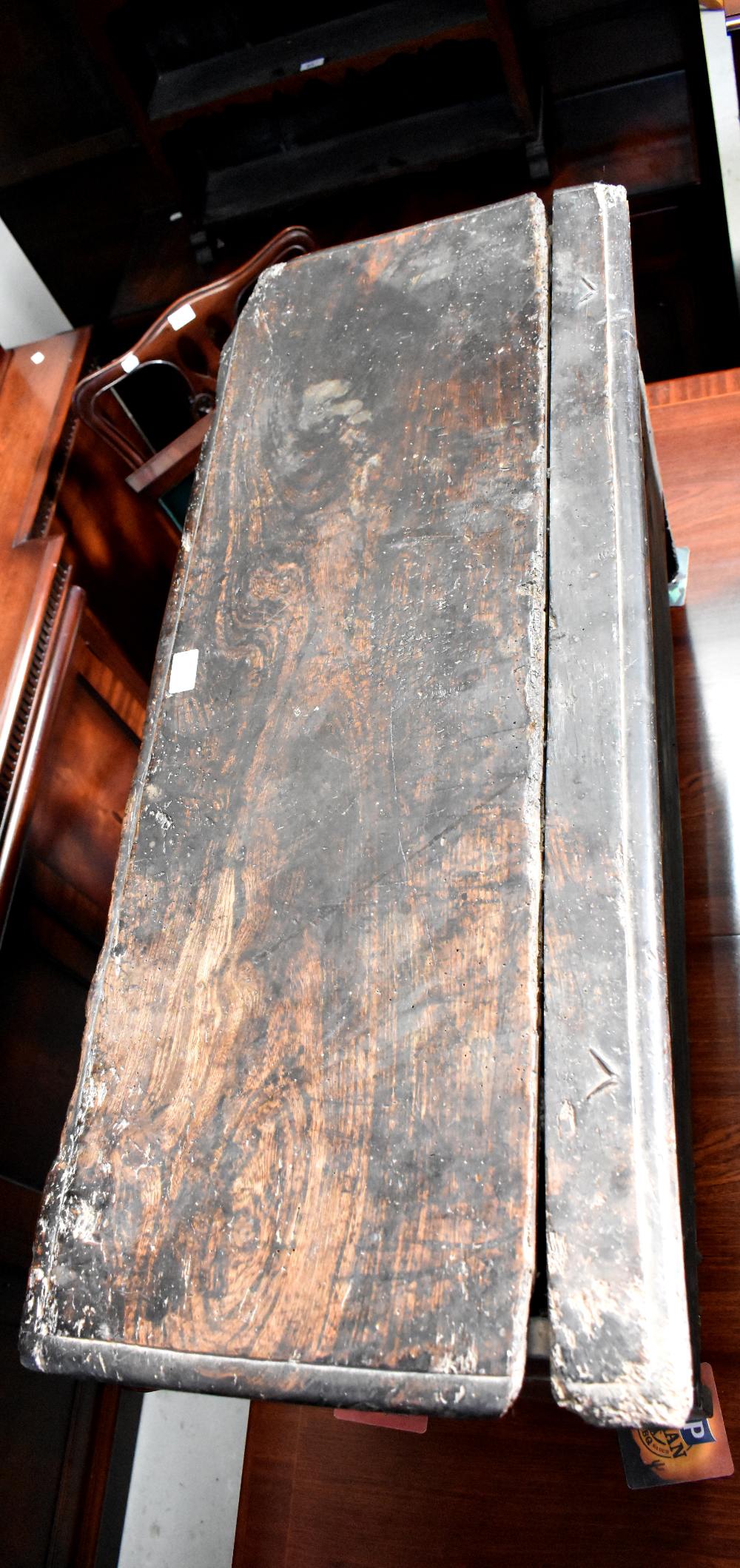 A small slim 18th century oak coffer with two faux front panels with carved arches, - Image 7 of 9