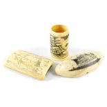 Three 19th century scrimshaws to include a tooth with engraved ship signed Dias, length 9.