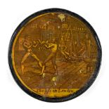 A 19th century papier-mâché circular snuff box, 'Life In London',