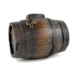 An antique cider barrel with coopered construction and steel bands, numbered 15 to the end,