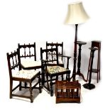 A set of four Ercol dark Gothic-style dining chairs (3+1), a modern standard lamp and shade,