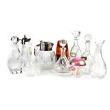 Various items of clear and coloured glass to include cut glass crystal decanters of various shape