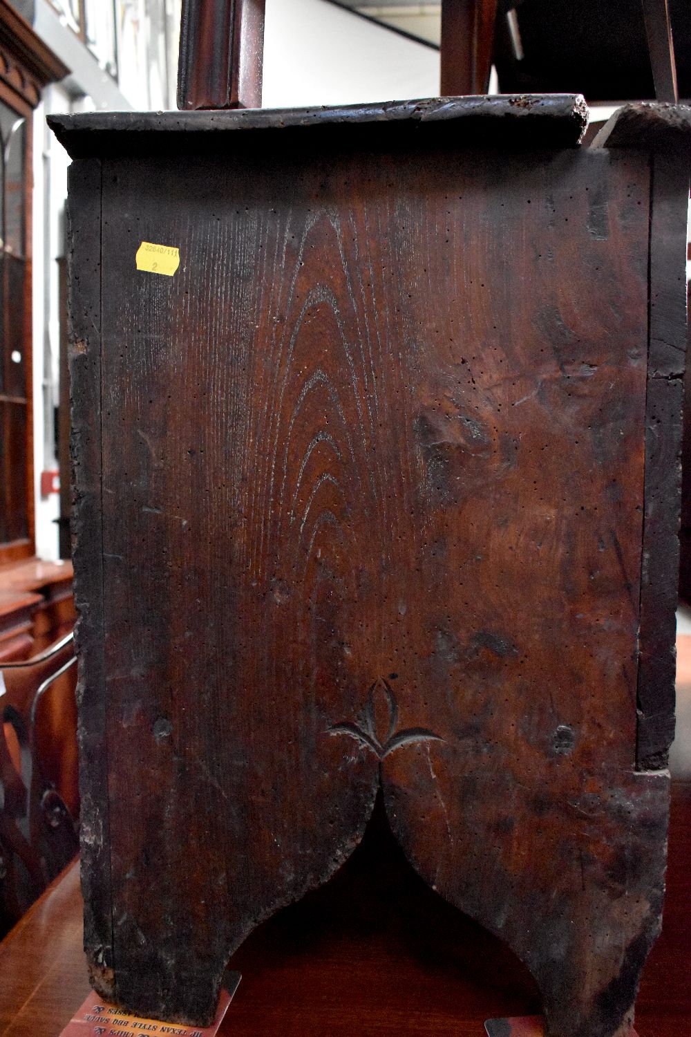 A small slim 18th century oak coffer with two faux front panels with carved arches, - Image 5 of 9