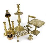 A quantity of 19th century and later brassware to include a large single brass candlestick,