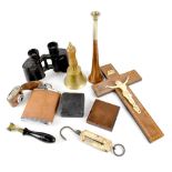 Various collectibles to include a pair of military binoculars, a compass in wooden box,