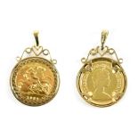A Queen Elizabeth II, half sovereign, 1982, in a hallmarked 9ct gold necklace mount, approx 6.3g.