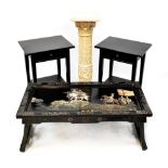 A contemporary black lacquer Oriental coffee table with central top panel of Japanese warriors