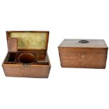 A 19th century mahogany tea caddy with two lined tea containers, lacking central mixing bowl,