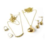 A 9ct gold necklace and earring set with pear drop pendant and matching 9ct gold earrings,