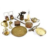 A quantity of mixed metalware to include a vintage Oxo cube tin, oil cans, brass tankards,