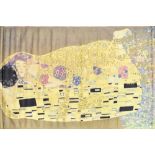 AFTER GUSTAV KLIMT; a lithographic textile print wall hanging depicting 'The Kiss', length 148cm,