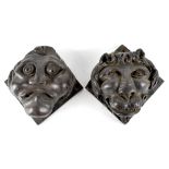 Two antique carved oak church roof bosses on small square panels, possibly Medieval,