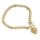 A 9ct gold entwined round link bracelet with 9ct gold heart clasp and safety chain, length 18cm,