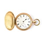 A gold plated keyless wind full hunter pocket watch with presentation inscription to cuvette,