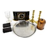 A Keswick Staybrite round tray, diameter 33cm, a pair of brass candlesticks,