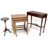 A mid-20th century oak nest of three tables, a reproduction mahogany wine table,