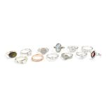 Twelve silver ladies' dress rings set with various coloured stones, combined approx 1.2ozt (12).