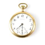 Montauk; a gold plated keyless wind open face pocket watch, 48mm.