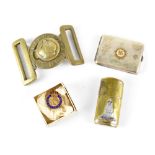 A collection of military items to include British army belt buckle,