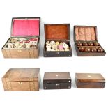 A collectors' lot to include three 19th century wooden boxes and contents to include tattling and