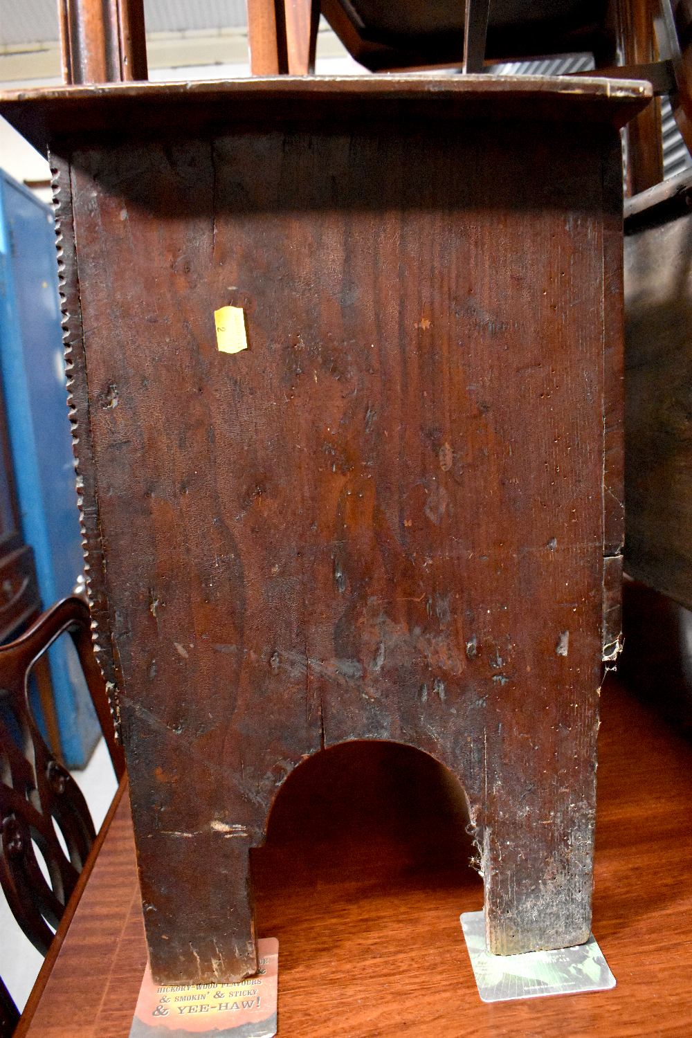 A small slim 18th century oak coffer with two faux front panels with carved arches, - Image 2 of 9